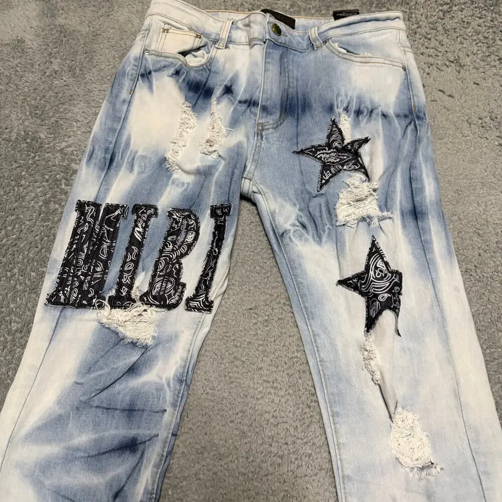 AMIRI Jeans Mens 31 x29 Tie-Dye Distressed Star Patch Denim Jeans Skinny